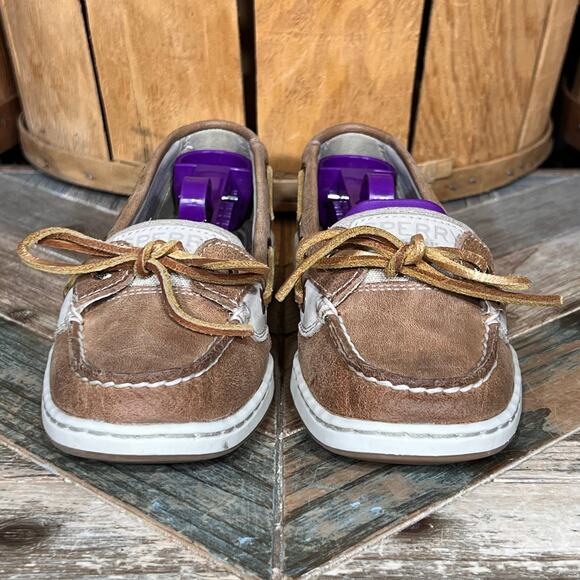Sperry Angelfish Tan Gold Leather Canvas Boat Shoes Womens Size 5 - Picture 4 of 11